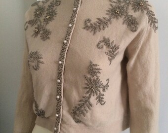 Original Vintage 50s 60s Beaded Cardigan, Sweater top Jumper , Pinup , Rockabilly