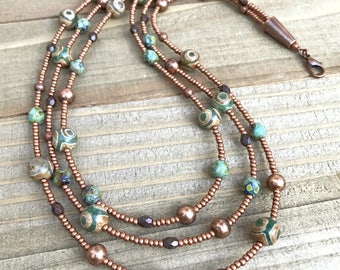 Multi strand necklace, beaded necklace, layered necklace, copper jewelry, copper necklace