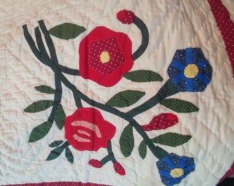 Americana Folk Quilt, Hand appliqued and quilted
