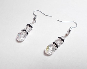 Dangling earrings faceted Czech crystal AB, black rhinestones
