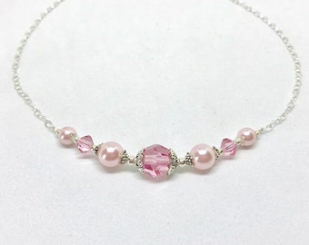 Crystal and Pearl Necklace, Bridesmaid Necklace, Wedding Party Jewelry