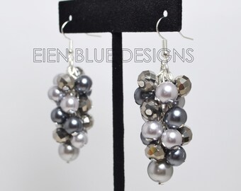 Gray /Pewter Cluster Earrings, Pearl Cluster Earrings, Pearl and Crystal Jewelry, Bridesmaid Earrings, Chunky Earrings, Grey Pearl Jewelry