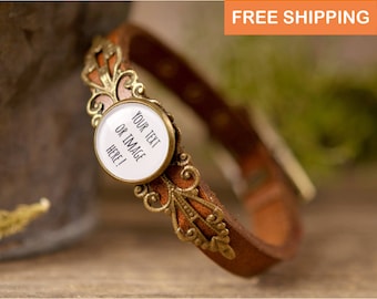 Personalized leather bracelet, brown leather bracelet, adjustable bracelet, gift for women, gift for her, custom jewelry, custom bracelet