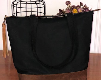 Brown leather tote, Canvas tote bag, Tote Bag Black, Market Bag, Tote Bag Zipper, Zipper tote, Zip top tote, Travel bag, Mother's Day Gift
