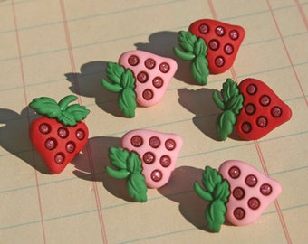 Strawberry Rhinestone Buttons - Sweet Berry Sewing Button - 5/8" Wide - 6 Pink and Red Buttons