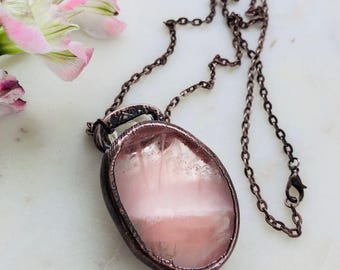 Rose Quartz antiqued copper pendant on 30 inch chain