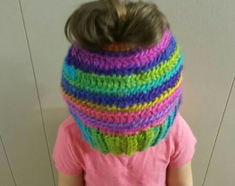 Colorful messy bun hat