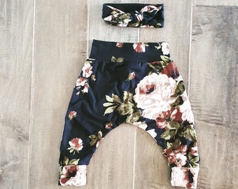 Black and White Floral Harem Pant and Headband Set