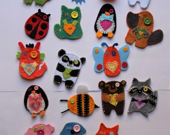Finger Puppets - puppet - penguin - cat -dog - bear -fox - bugs - bee - gift idea - felt puppets - party favors - Patchyz by Kathleen Flask