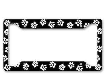 White Paw Prints with Hearts - Auto License Plate Frame - LP1419
