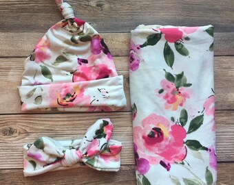 Pink and purple floral swaddle set, Floral Swaddle and Hat Headband Set, Newborn Swaddle, Newborn Blanket, Baby Girl Swaddle, Newborn