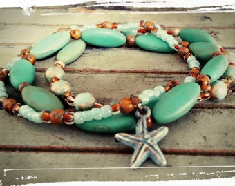 Bohemian Starfish -Stretch Bracelet Set//Turquoise/Caramel/Aqua/Mint/Golden Wash Czech Beads -3 Piece Set