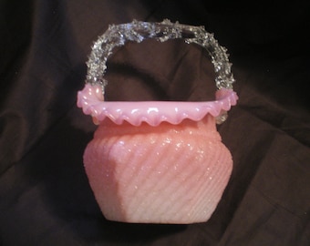 Vintage Fenton? Pink Glass Basket**Unique Glass Handle**