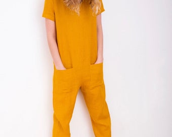 Linen Jumpsuit - Mustard Jumpsuit - Short Sleeve Jumpsuit - Women Linen Overall - Jumpsuit - Linen Romper - Handmade by OFFON