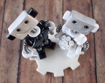 Robot Wedding Cake Topper READY TO SHIP Cute Bots Smirk Smiles (4 inches)