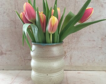 Small Curvy Beige-Turquoise Vase.