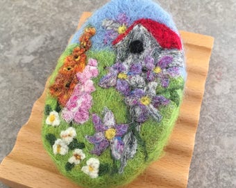 Felted Coconut Milk Soap - Birdhouse Garden Theme in Lemongrass Verbena Fragrance