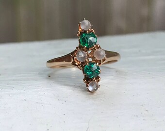 Victorian Moonstone and Sapphire Doublet Ring - 10k Yellow Gold Antique Ring