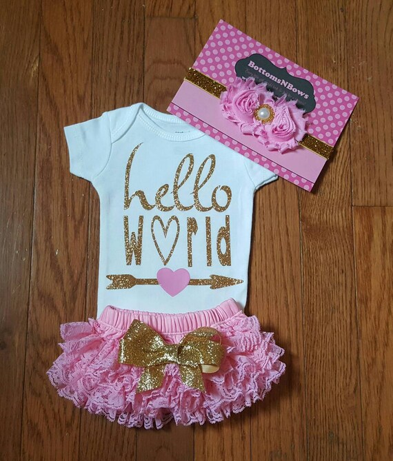 Gold Glitter Vinyl Hello World Onesie Pink Lace