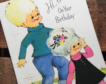 Vintage Cute Mod Children Birthday Greeting Card - Unused