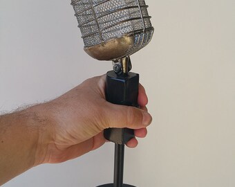 Antique table top microphone broadcast news radio decor, home theater, music room, DJ mike man cave recording star Pyle, Shure, Blair Buttke