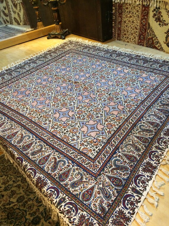 Handmade 45" tapestry art, machine washable square tablecloth, handprinted textile, block printed calico , wall hanging