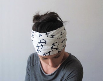 ANCHORS Print Headband, Nautical Head Scarf, US Navy Gift Ideas, Navy Blue and White Anchors Head Scarf, Extra Wide Headband
