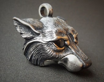Silver wolf necklace, wolf head pendant and chain with smoky quartz eyes.