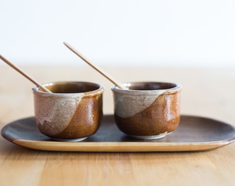 Handmade gres and wood dipping bowl set