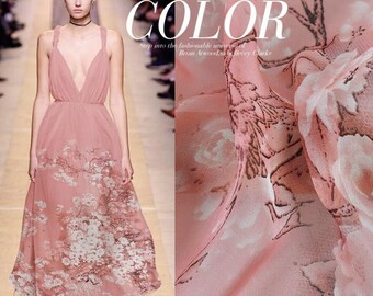 SALE, 100% Silk chiffon fabric, pink silk chiffon with white flower, printed silk chiffon - (SJH)-51"(130cm)wide