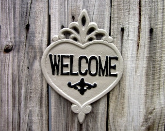 Welcome Plaque, Painted, Cast Iron, Gray, Black, Welcome Sign, Door Welcome Sign, Ornate Welcome Plaque, Indoor, Outdoor, Welcome