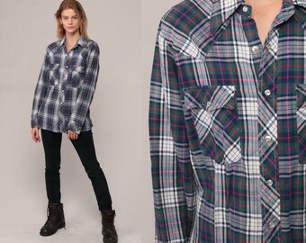 Pearl Snap Shirt WRANGLER Western Shirt 70s Blue Plaid Shirt Button Down up Vintage Long Sleeve 1970s Hipster Green White Large