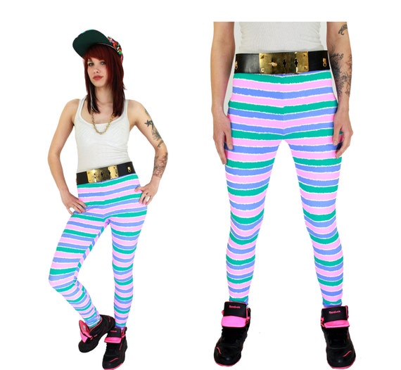 Items similar to Neon Spandex Leggings Bright Colorful Stripes Pants ...