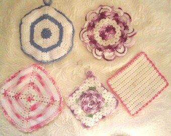 5 Hand Made Vintage Pot Holders. Crochet, Hostess Gift
