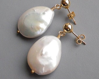 Large White Pearl Dangle Gold Post Earrings