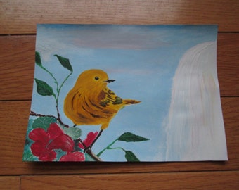 Warbler by waterfall (greeting card)
