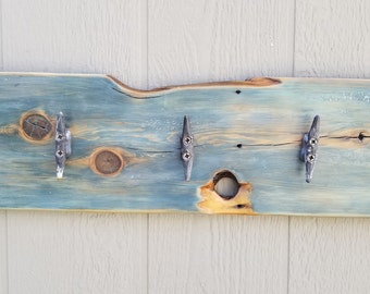 Vintage Wooden Nautical Wall Hanging Coat Rack Ocean Blue Fence board