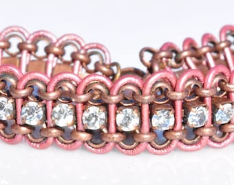 Pink Metallic Leather Bracelet with Clear Sparkling Rhinestone Chain and Antique Copper Rolo Chain