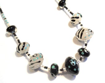Black and White Necklace Lamp Work Glass Beads, handmade artisan jewelry, lampwork art beads, SRAJD art glass accessory