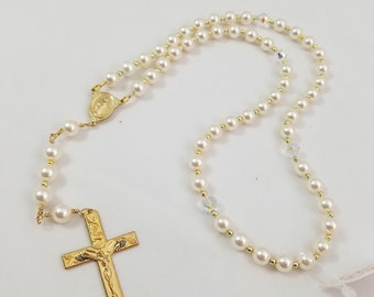 Cream Swarovski Pearl and Crystal Gold Rosary