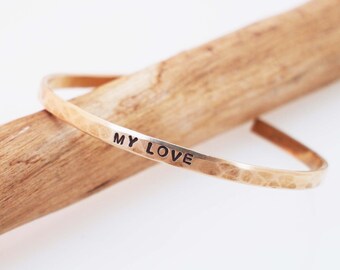Bronze Anniversary Bracelet, Hammered Bronze Cuff, MY LOVE Bracelet,Personalized Cuff, 8 Year Anniversary Gift