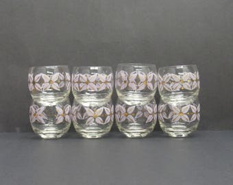 Vintage Atomic Lavender & Gold Floral Roly Poly Glasses, Set of 8 (E9740)