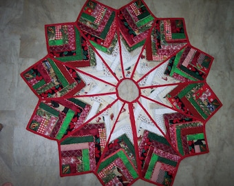 Dazzling Christmas tree skirt in a 50" X 50" point to point diameter. Heavily quilted, newly handmade, reversible.