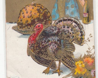 1908 Beautiful Woman Antique Postcard,Rich Gold,Turkey And Plum Pudding, Gold Saying At Top