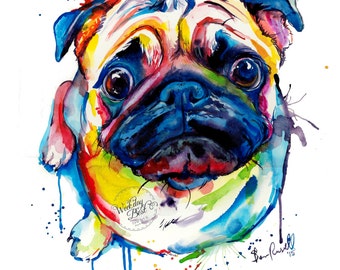 Colorful Pug Art Print - Print of my Original Watercolor Painting (FREE Shipping)