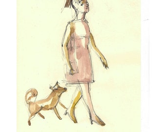 Girl Walking with a Dog illustration original art drawing painting people figurative