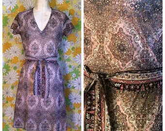 SALE! 70s Vintage Sheer Pink Medallion Kaleidoscopic Print Dress XS Small Medium