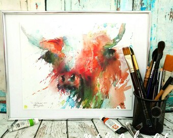 Highland cow limited edition giclee watercolour painting print, Wall Art, Home Decor, watercolour gift idea, cows cattle farm animals