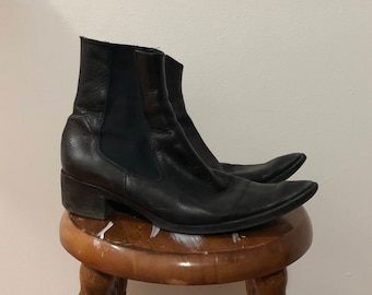 Vintage women's black leather pointed toe chelsea boots leather ankle boots 39.5