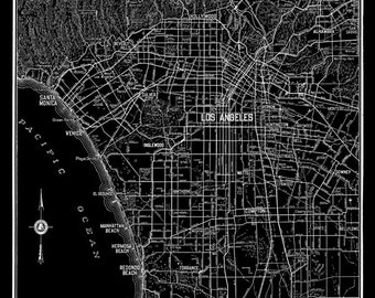 Los Angeles Map - Street Map Vintage Black Print Poster